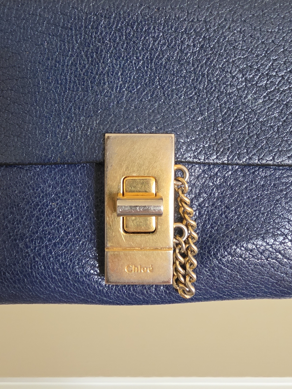 Chloe Navy Leather Zip Wallet with Gold Hardware And Chain Detail - Picture 2 of 14